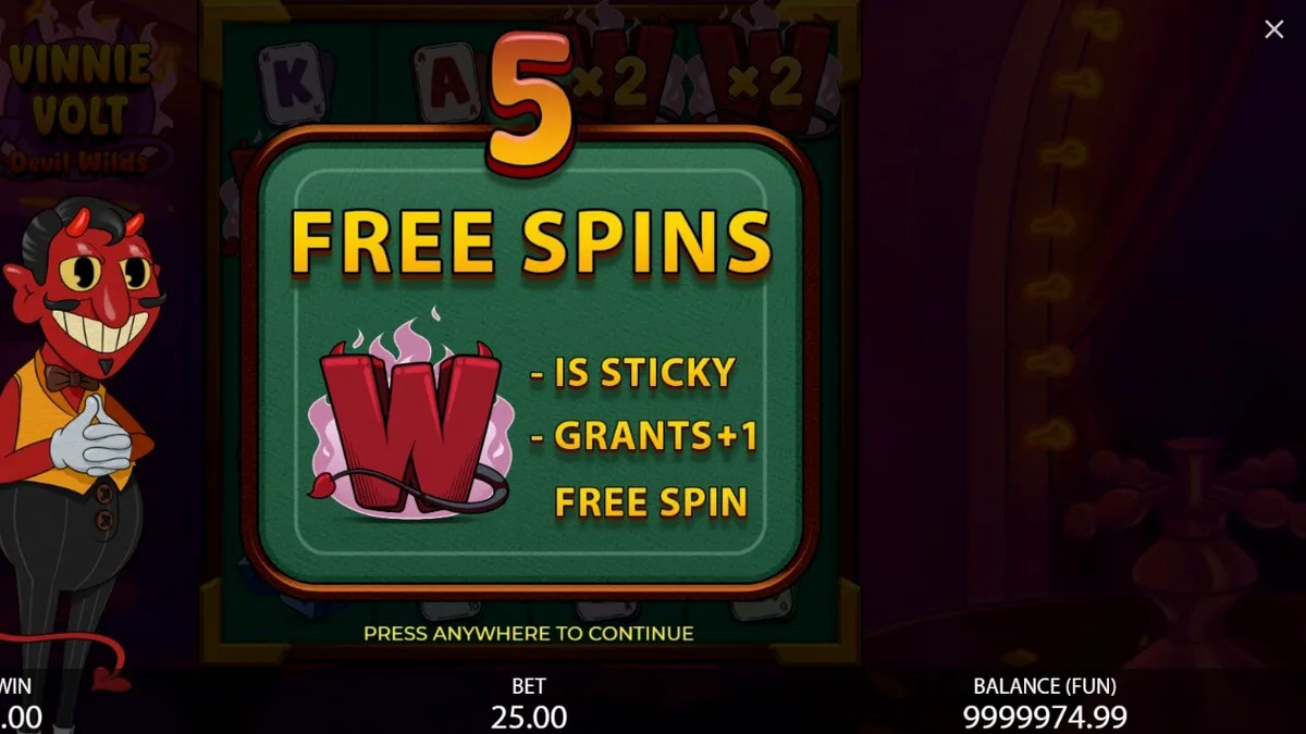Vinnie Volt: Devil Wilds slot game interface featuring the dapper devil host