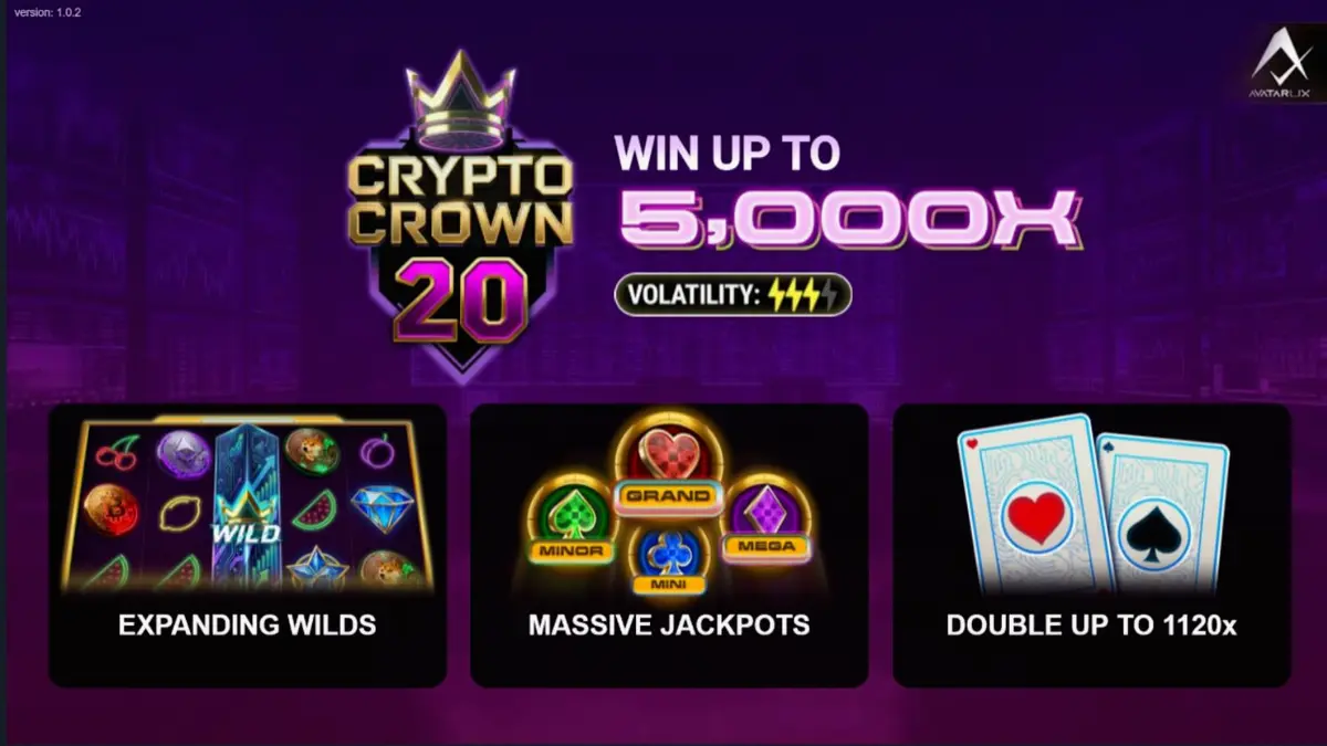 หน้าจอเกมสล็อต Crypto Crown 20 ที่มีสัญลักษณ์คริปโตและผลไม้